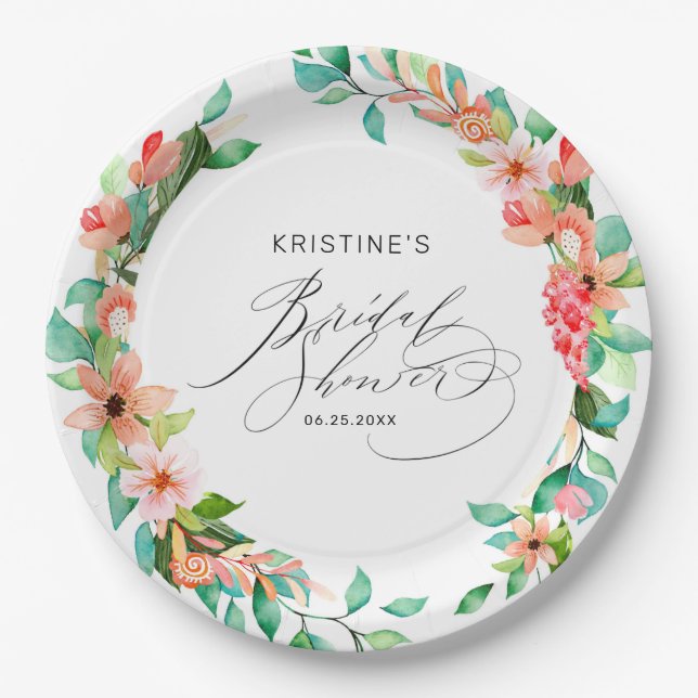 Tropical Pink Floral Watercolor Bridal Shower Paper Plate (Front)