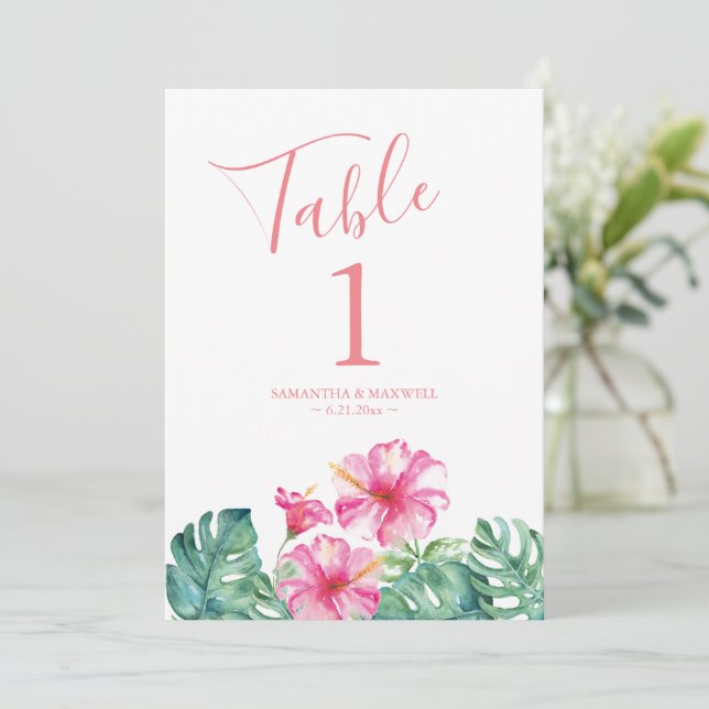 Tropical Pink Floral Wedding Table Number (Standing Front)