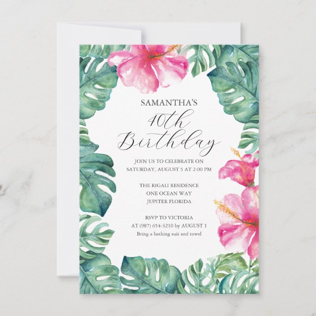 Tropical Pink Flowers 40th Birthday Invite (Front)