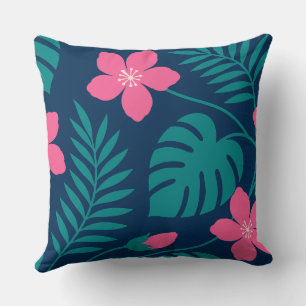 Tropical Pink Flowers and Green Foliage Design Cushion