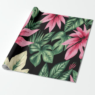 Tropical Pink Flowers and Green Palm Leaves Patter Wrapping Paper