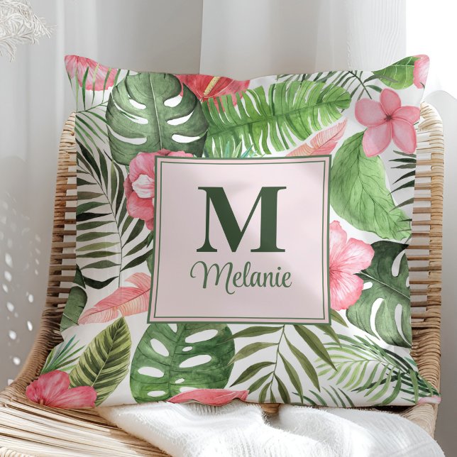 Tropical Pink Flowers and Monstera Monogram Cushion (Tropical Pink Flowers and Monstera Monogram Throw Pillow in a sunny rattan armchair.)
