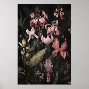 Tropical Pink Flowers Art Print, Dark Academia Poster