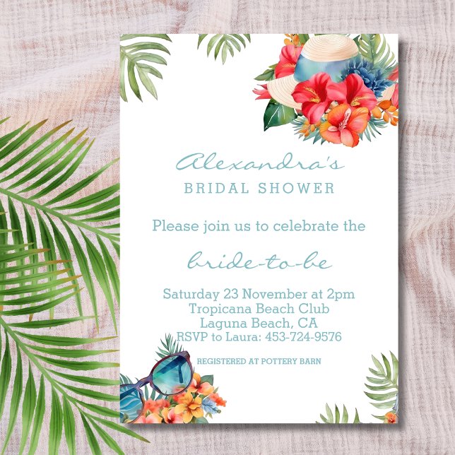 Tropical Pink Flowers Beach Bridal Shower Invitation (Creator Uploaded)