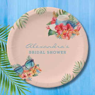Tropical Pink Flowers Beach Bridal Shower Paper Plate