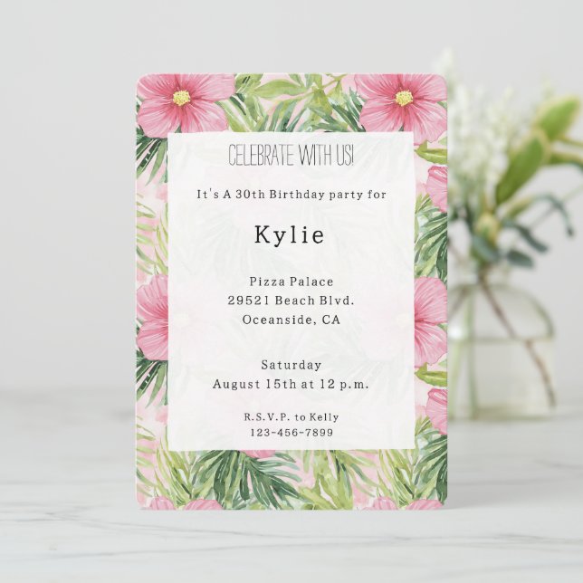 Tropical Pink Flowers Birthday   Invitation (Standing Front)