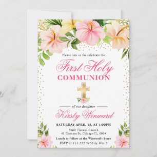 Tropical Pink Flowers First Holy Communion Invitation