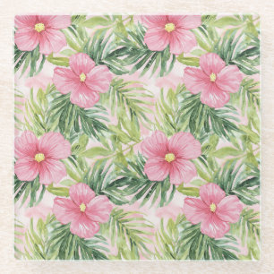 Tropical Pink Flowers Glass Coaster