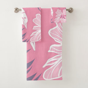 Tropical pink flowers hibiscus bath towel set
