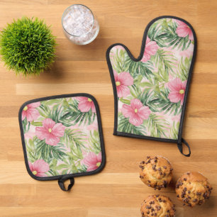 Tropical Pink Flowers Oven Mitt & Pot Holder Set