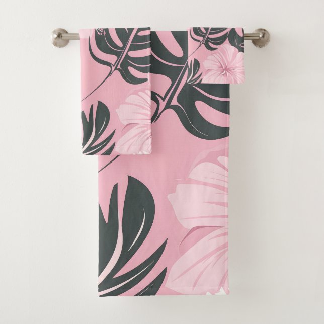 Tropical pink flowers pattern bath towel set (Insitu)
