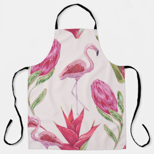 Tropical pink flowers, protea, bird of paradise fl apron