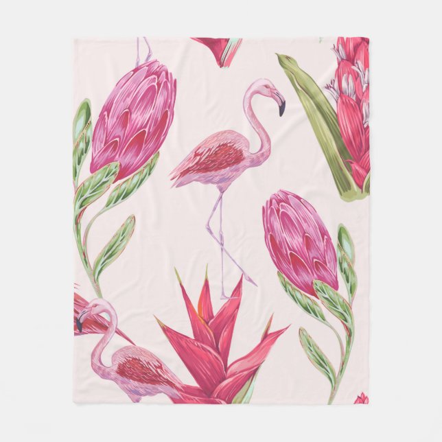 Tropical pink flowers, protea, bird of paradise fl fleece blanket (Front)