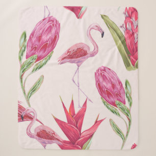 Tropical pink flowers, protea, bird of paradise fl sherpa blanket