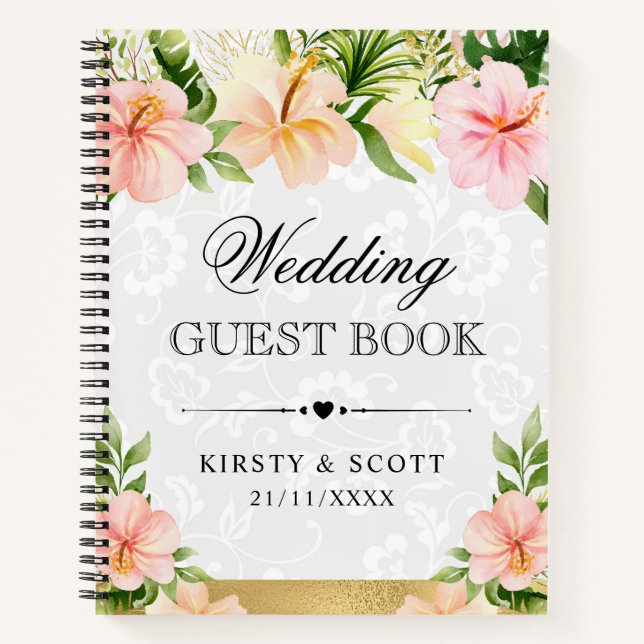 Tropical Pink Flowers Wedding Guest Book (Front)