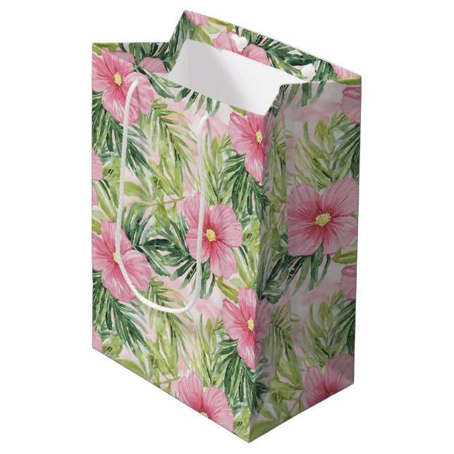 Tropical Pink Flowers Wedding Medium Gift Bag (Front Angled)