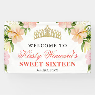 Tropical Pink Flowers Welcome Sweet Sixteen Banner
