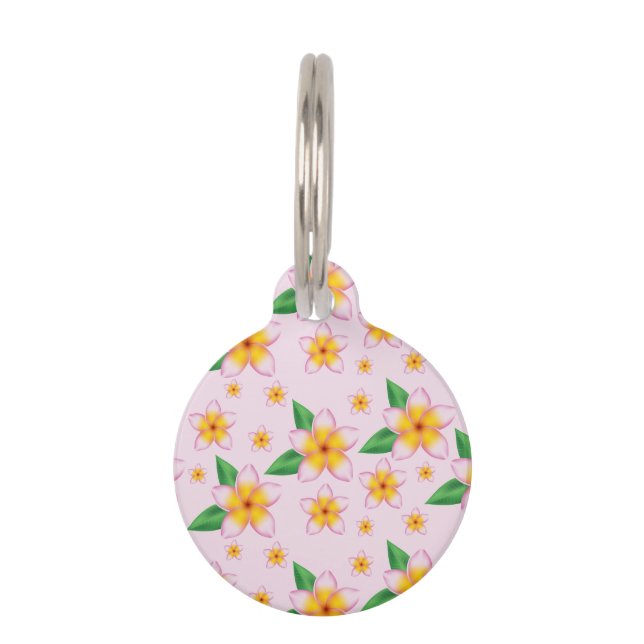Tropical Pink Frangipani Flowers & Custom Info Pet Tag (Front)