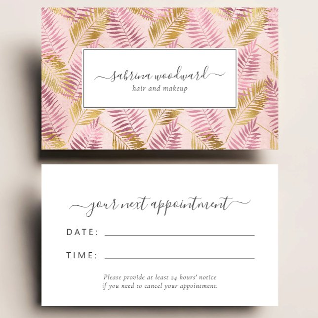 Tropical Pink Gold Blush Foliage Appointment Business Card (Creator Uploaded)