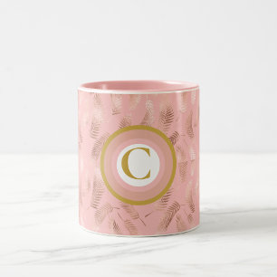 Tropical Pink & Gold Leaves Monogram Two-Tone Coffee Mug