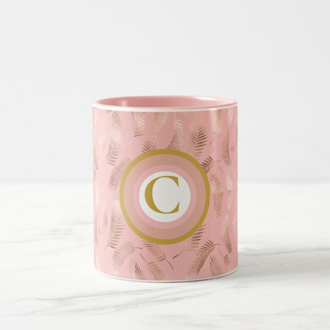 Tropical Pink & Gold Leaves Monogram Two-Tone Coffee Mug (Creator Uploaded)