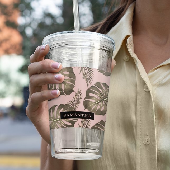Tropical Pink & Gold Palm Leaves Pattern & Name  Acrylic Tumbler (Creator Uploaded)