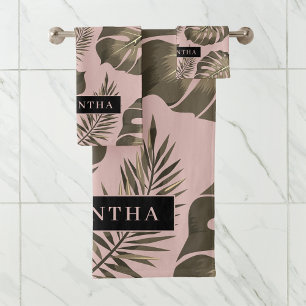 Tropical Pink & Gold Palm Leaves Pattern & Name  Bath Towel Set