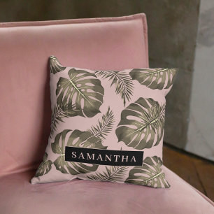 Tropical Pink & Gold Palm Leaves Pattern & Name   Cushion