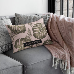 Tropical Pink & Gold Palm Leaves Pattern & Name  Decorative Cushion