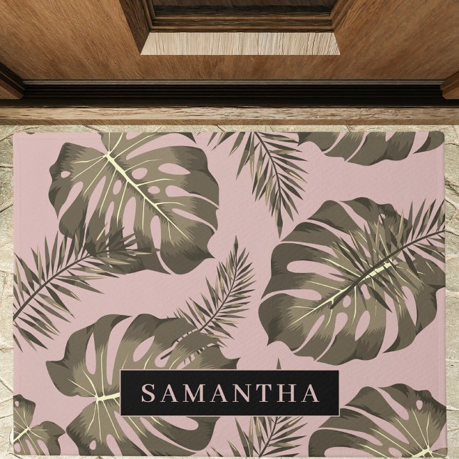 Tropical Pink & Gold Palm Leaves Pattern & Name  Doormat (Creator Uploaded)