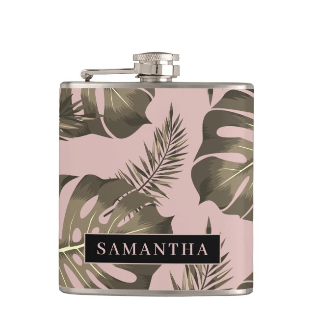 Tropical Pink & Gold Palm Leaves Pattern & Name   Hip Flask (Front)