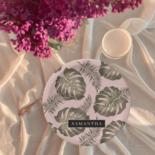 Tropical Pink & Gold Palm Leaves Pattern & Name Paper Plate