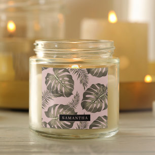 Tropical Pink & Gold Palm Leaves Pattern & Name   Square Sticker