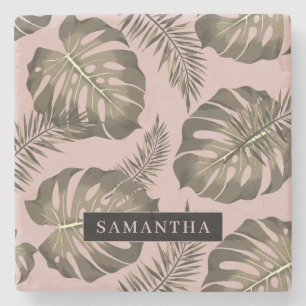 Tropical Pink & Gold Palm Leaves Pattern & Name  Stone Coaster