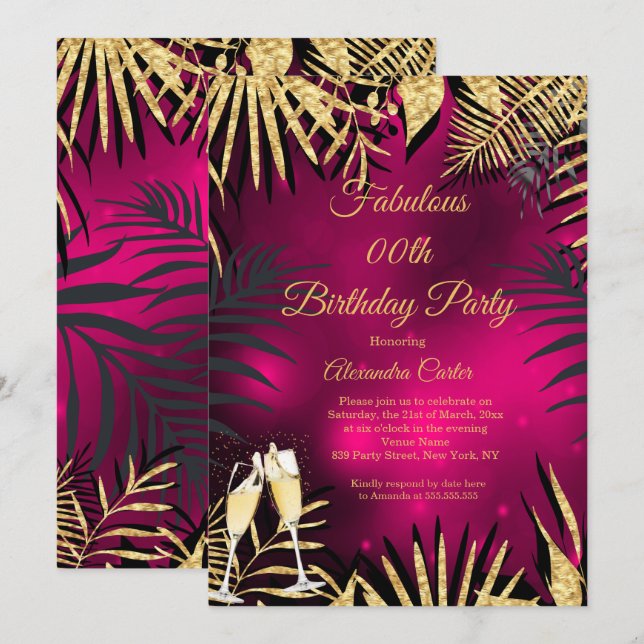 Tropical Pink Gold Palms Champagne Birthday Party Invitation (Front/Back)