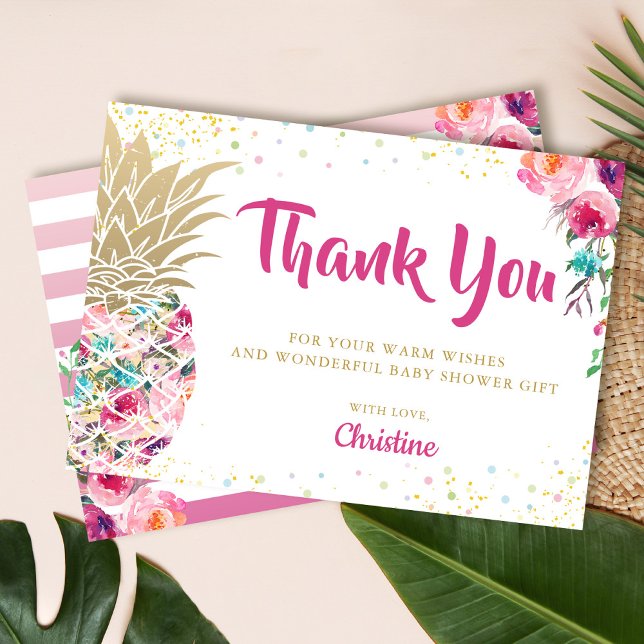 Tropical Pink Gold Pineapple Baby Shower Thank you Invitation (Creator Uploaded)