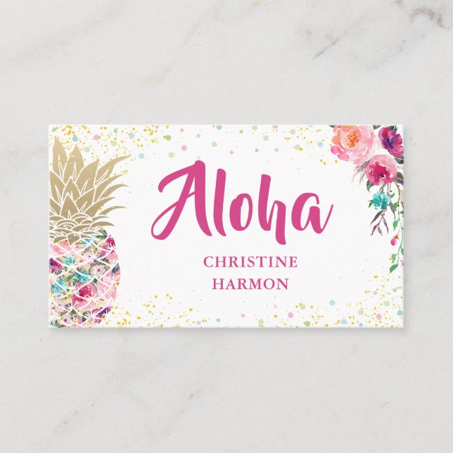 Tropical Pink Gold Pineapple Floral Business card (Front)