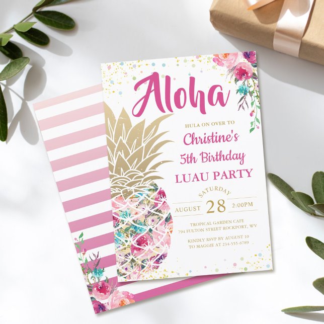 Tropical Pink Gold Pineapple Floral Luau Birthday Invitation (Creator Uploaded)