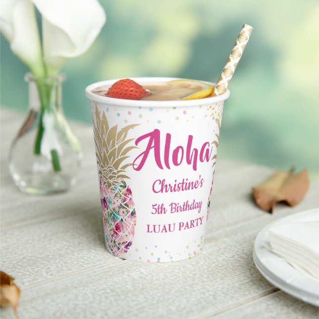 Tropical Pink Gold Pineapple Floral Luau Birthday Paper Cups (Insitu)