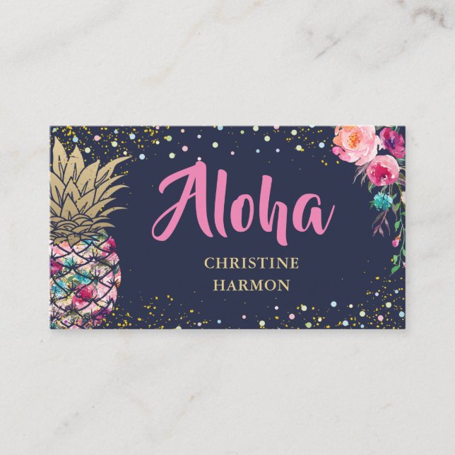 Tropical Pink Gold Pineapple Floral Navy Blue Business Card (Front)