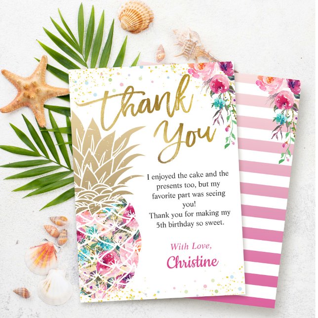 Tropical Pink Gold Pineapple Floral Thank You Card (Creator Uploaded)