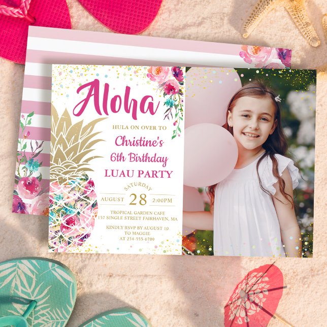 Tropical Pink Gold Pineapple Luau Birthday Photo Invitation (Creator Uploaded)