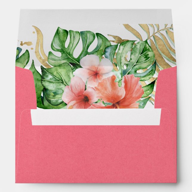Tropical Pink Gold Watercolor Floral Wedding Envelope (Back (Bottom))