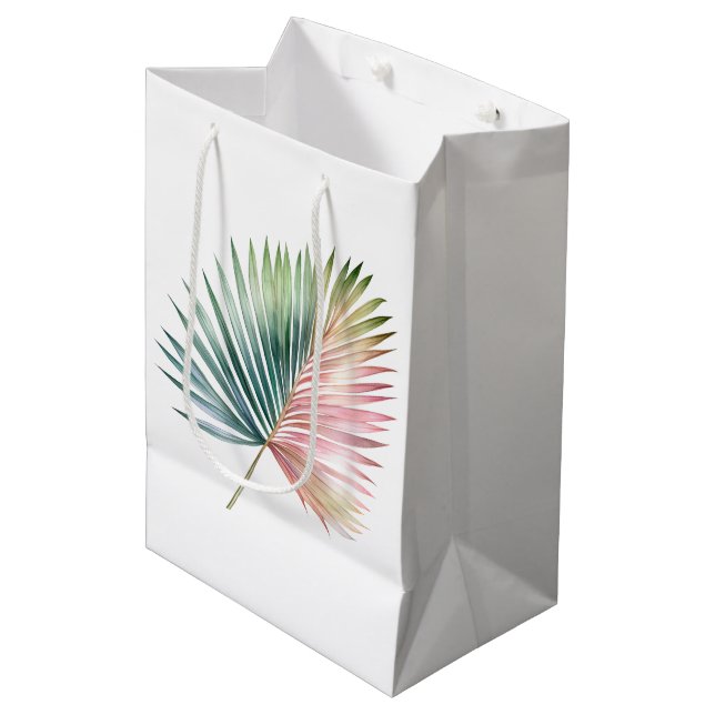 Tropical Pink Green Leaf Wedding Medium Gift Bag (Front Angled)