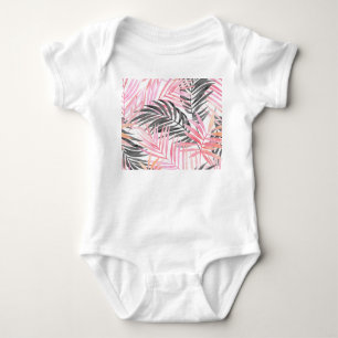 Tropical Pink Green Leaves Watercolor Baby Bodysuit