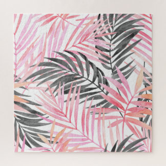 Tropical Pink Green Leaves Watercolor Jigsaw Puzzle