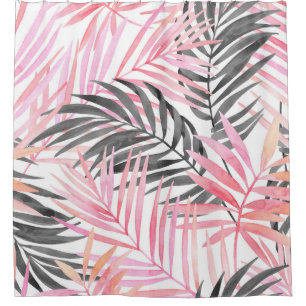 Tropical Pink Green Leaves Watercolor Shower Curtain