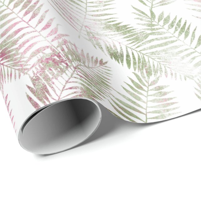 Tropical Pink Green Leaves   Wrapping Paper (Roll Corner)