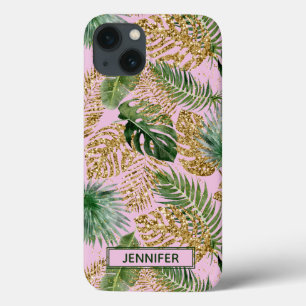 Tropical Pink Green Palm Leaves Gold Glitter Name iPhone 13 Case