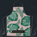 Tropical Pink & Green Palm Leaves Pattern & Name Apron<br><div class="desc">Tropical Pink & Green Palm Leaves Pattern & Name</div>